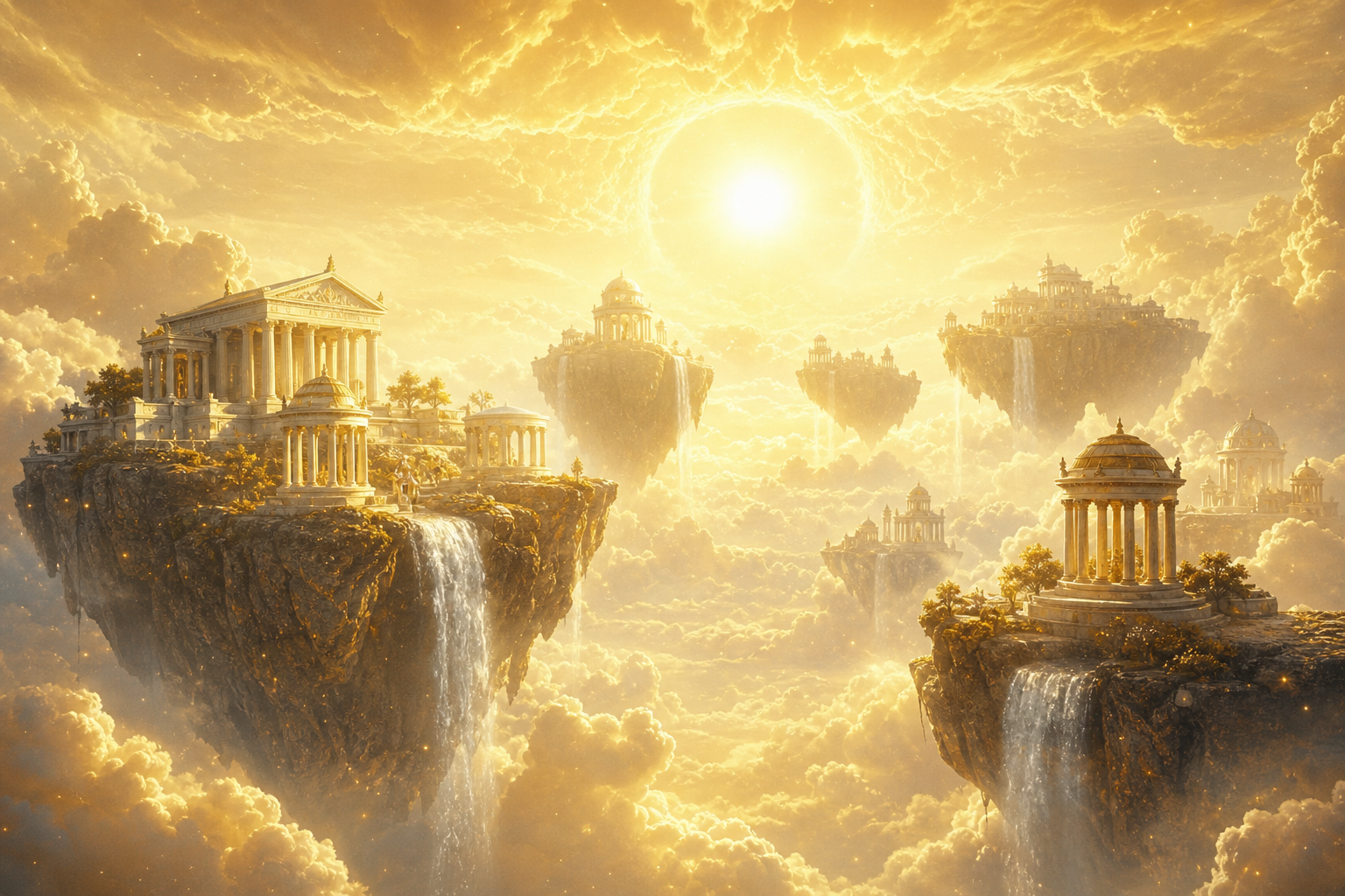 Floating islands with small temples and waterfalls in a golden celestial sky
