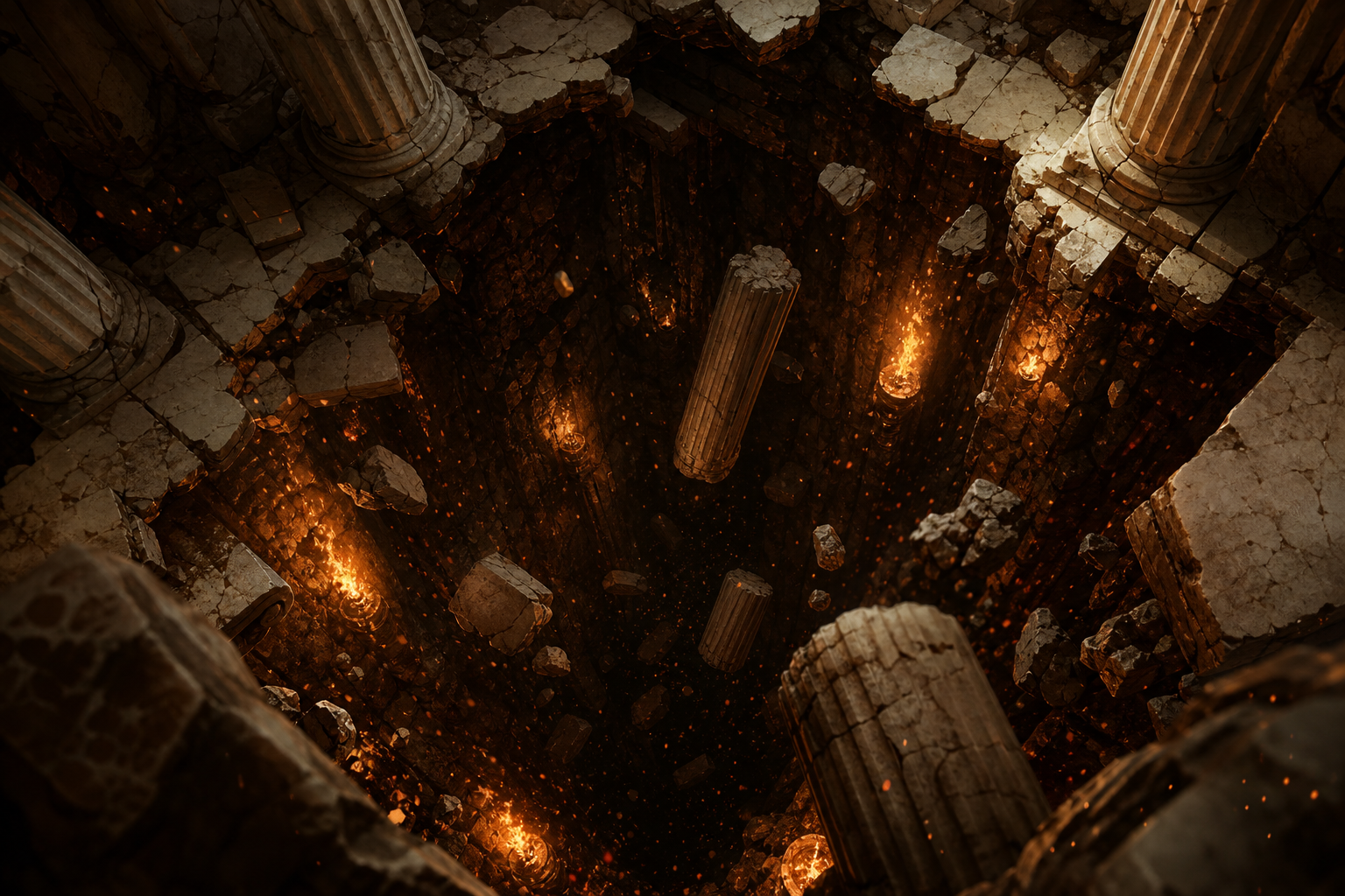 Broken temple floor collapsing into a torch-lit shaft full of rising embers
