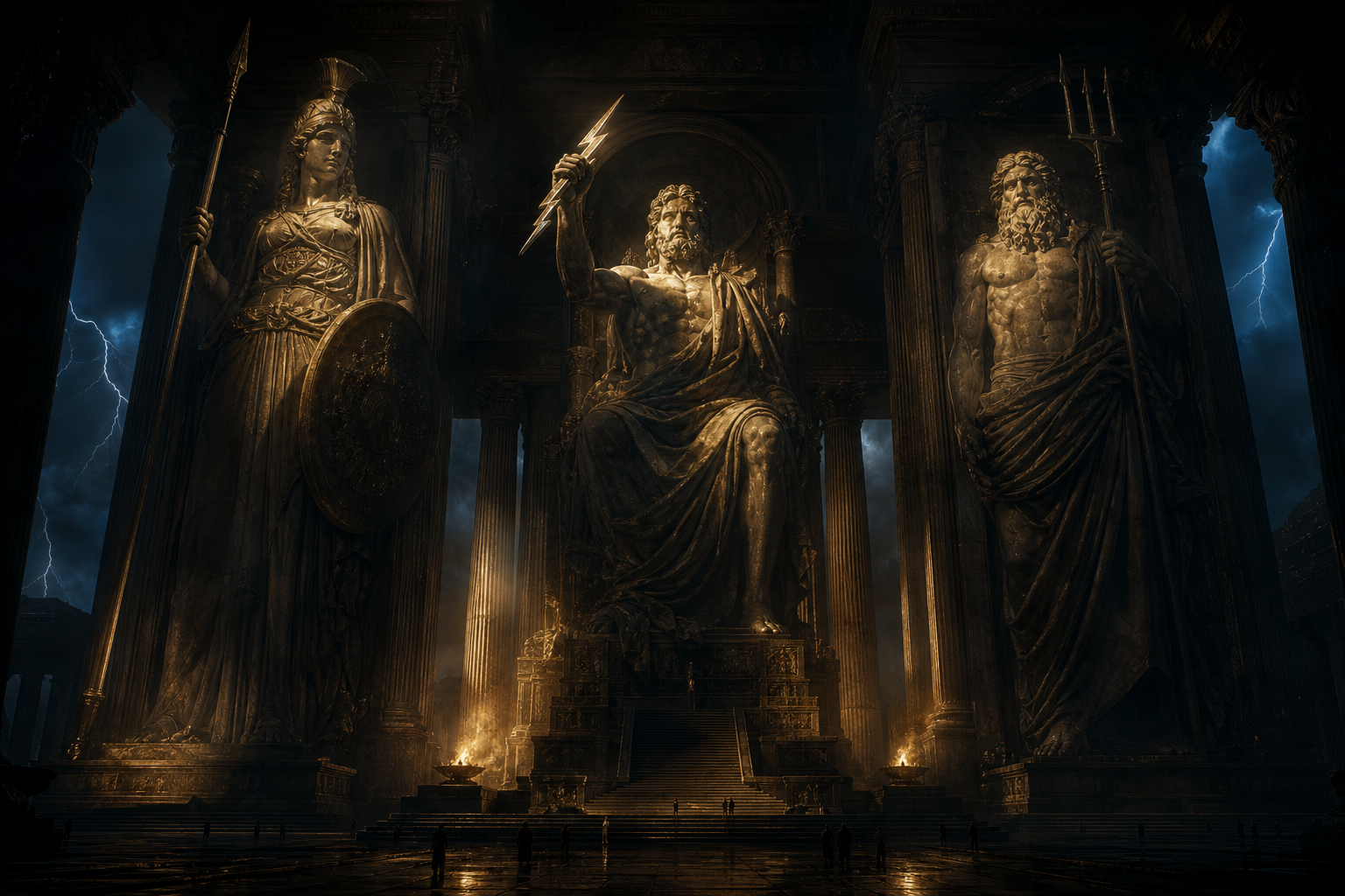 Colossal marble statues of Zeus, Athena and Poseidon lit by shafts of light inside a dark temple