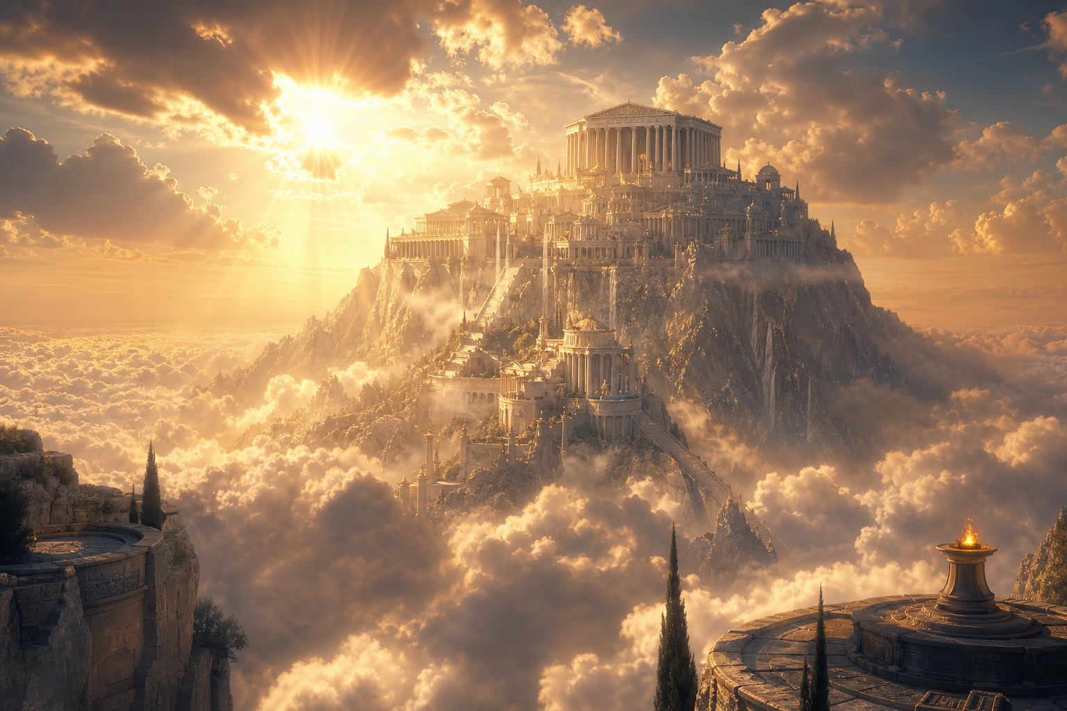 Mount Olympus rising above a sea of golden clouds, a temple on its summit