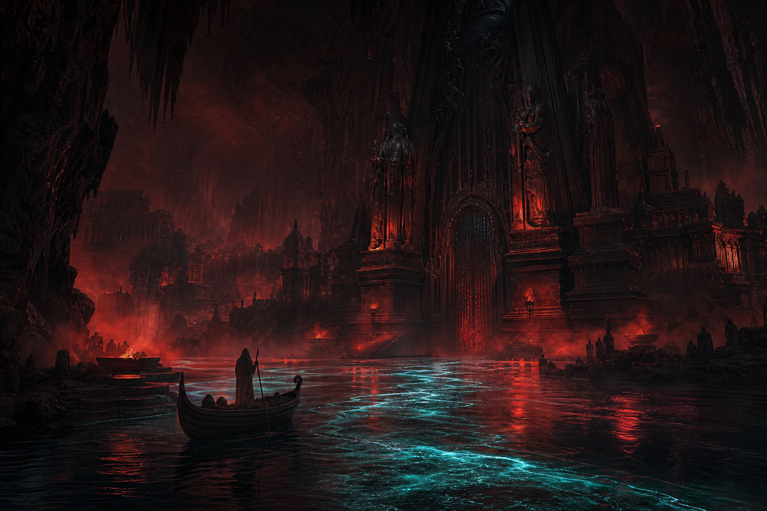 A vast cavern with the glowing river Styx, Charon's ferry and the gates of Hades